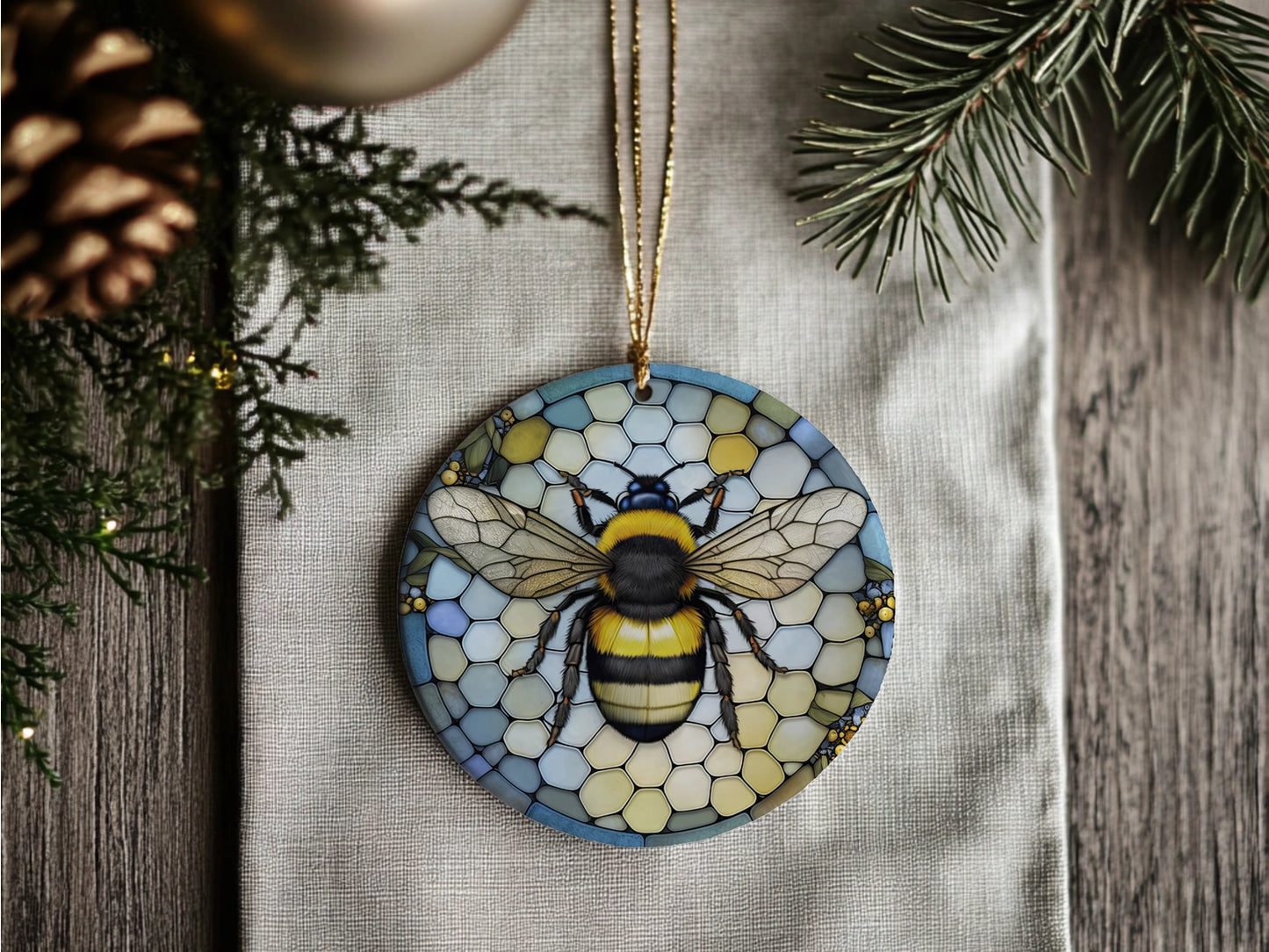 Ceramic Bee Ornament, Imitation Stained Glass, Keepsake Gift