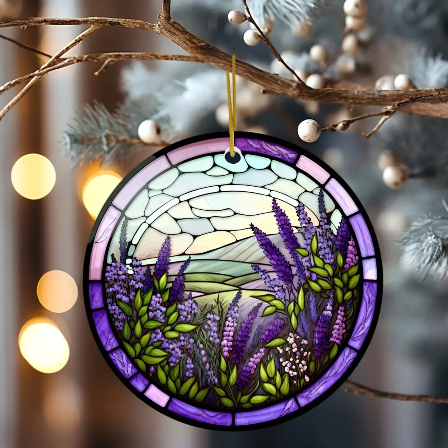 Lavender Ceramic Ornament, Stained Glass Image, Unique Gift