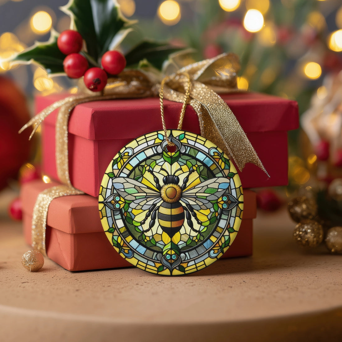 Bee Ceramic Ornament, Stained Glass Image